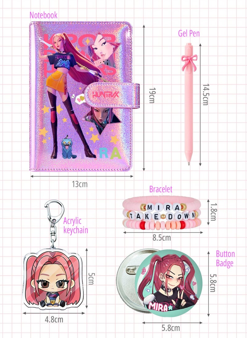 K-pop Demon Hunters Anime Stationery & Accessories Gift Bundle for Girls — Notebook, Bow Gel Pen, Cute Bracelet, Acrylic Keychain, Button Badge - Image 2